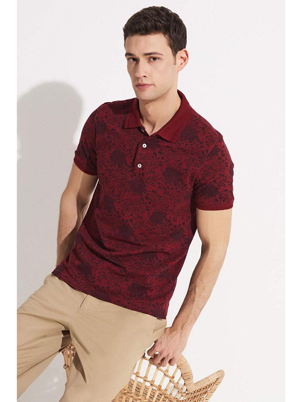 Bordo Polo Yaka Kısa Kollu Desenli Erkek Tişört-3