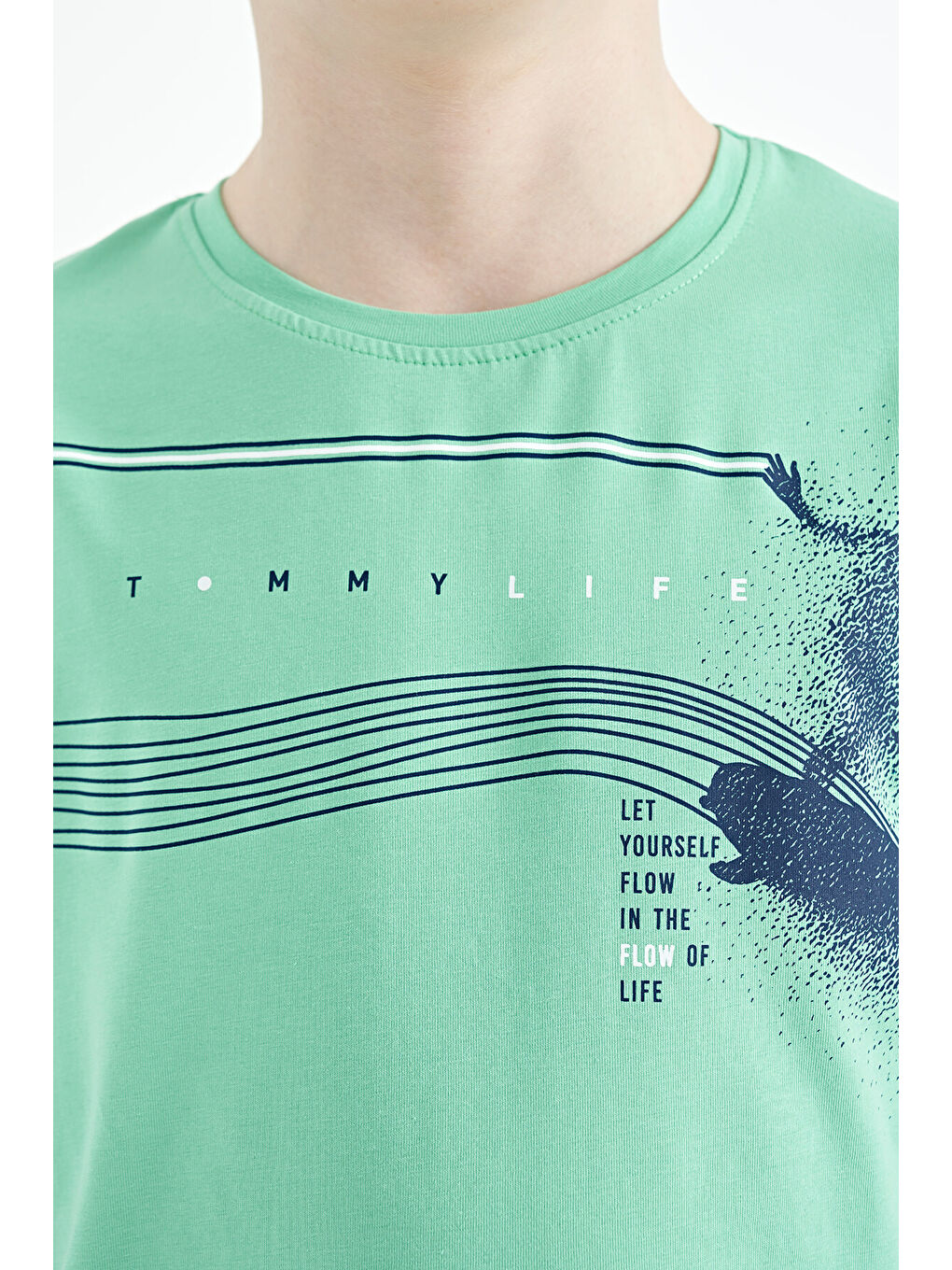 Turkuaz Su Yeşili Baskı Detaylı Standart Kalıp O Yaka Erkek Çocuk Tişört - 11133-3