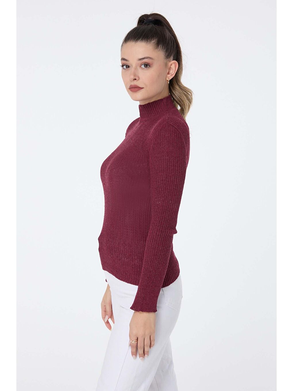 Yarım Balıkçı Yaka Kadın Bordo Triko Kazak - 23538-2