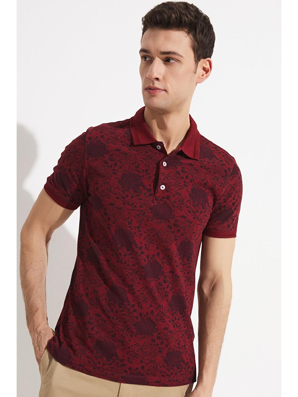 Bordo Polo Yaka Kısa Kollu Desenli Erkek Tişört-4