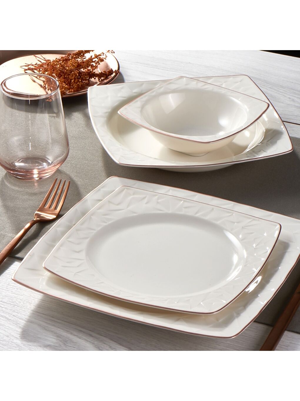 Karışık Vivente 8 Parça 2 Kişilik Bone Yemek Takımı - Copper Bakır