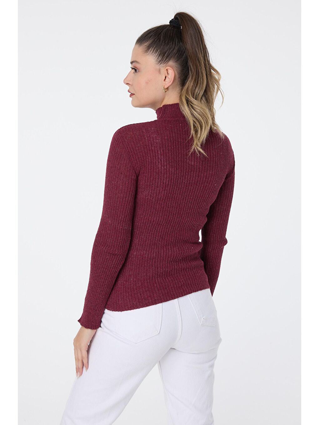 Yarım Balıkçı Yaka Kadın Bordo Triko Kazak - 23538-4
