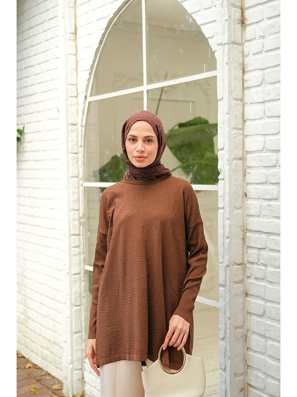 Kadın Kendinden Desenli Tunik Kahverengi-1