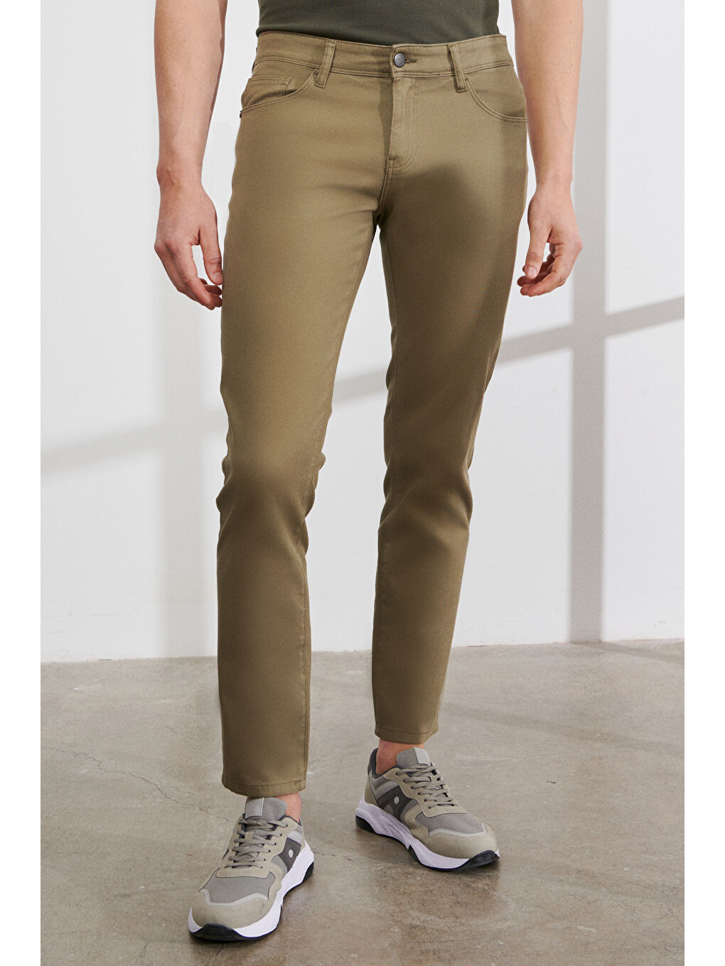 Erkek Yeşil Slim Fit Dar Kesim 5 Cep Armürlü Esnek Pantolon