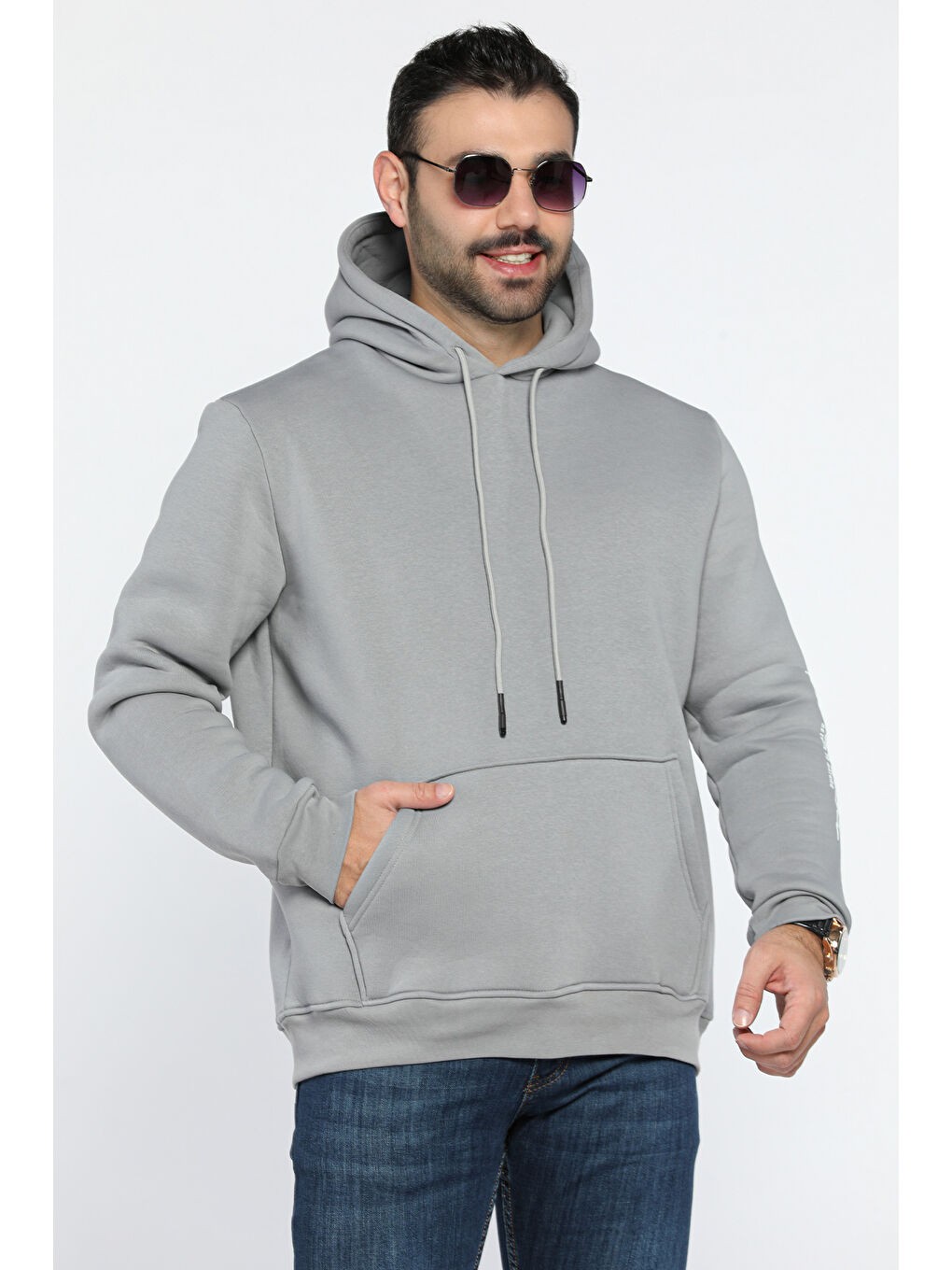 Mishar İtalia Gri Erkek Kapüşonlu Şardonlu Baskılı Sweatshirt