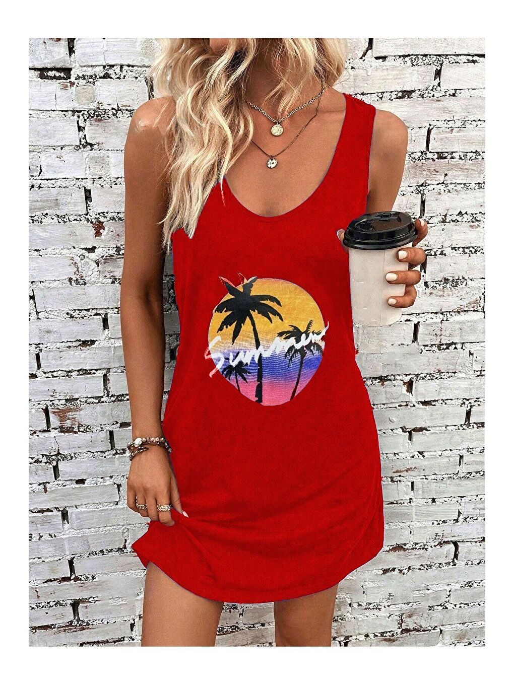 Kadın Kırmızı Summer Baskılı Askılı Tişört Elbise