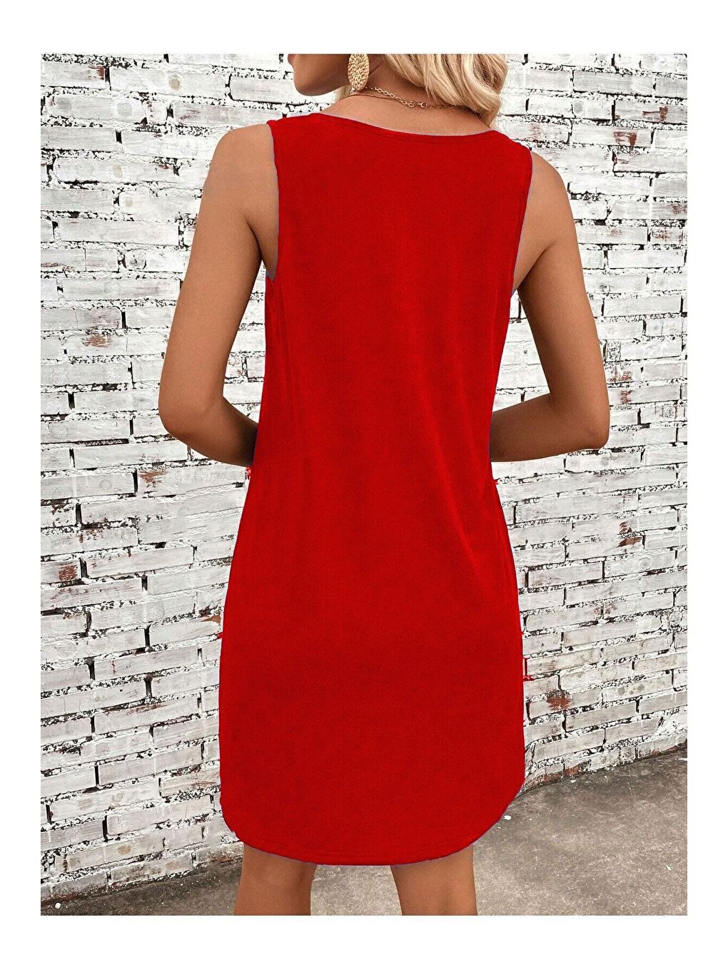 Kadın Kırmızı Summer Baskılı Askılı Tişört Elbise-1