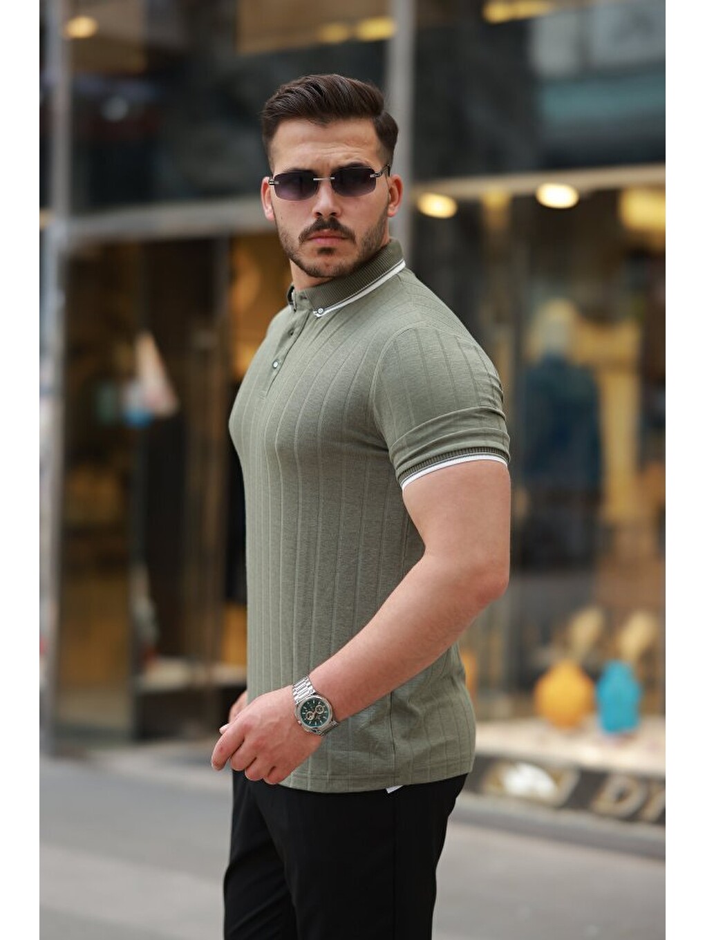 Haki Erkek Düğme Yakalı Jakar Kumaş Kısa Kollu Tişört-1
