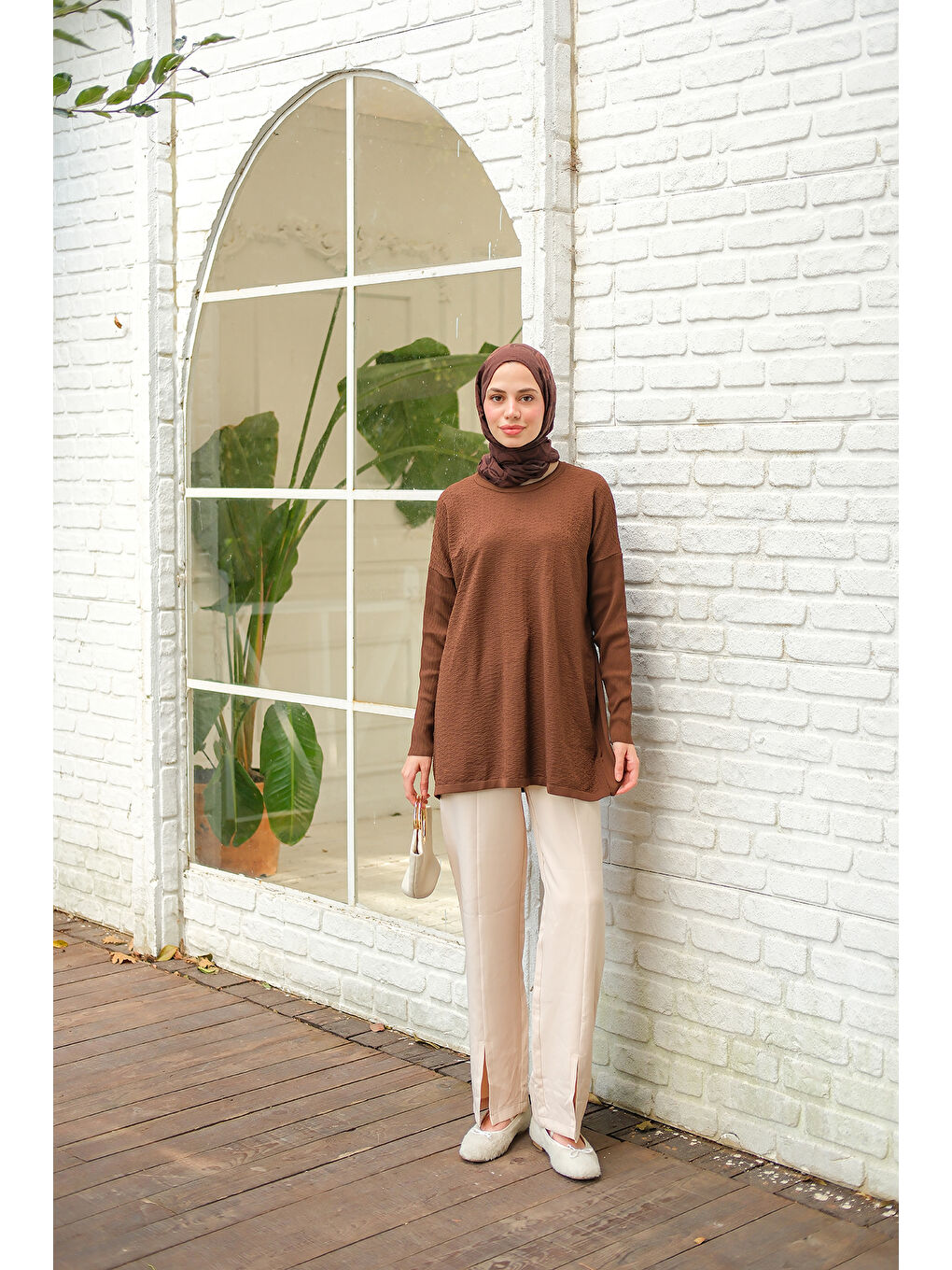 Kadın Kendinden Desenli Tunik Kahverengi-2