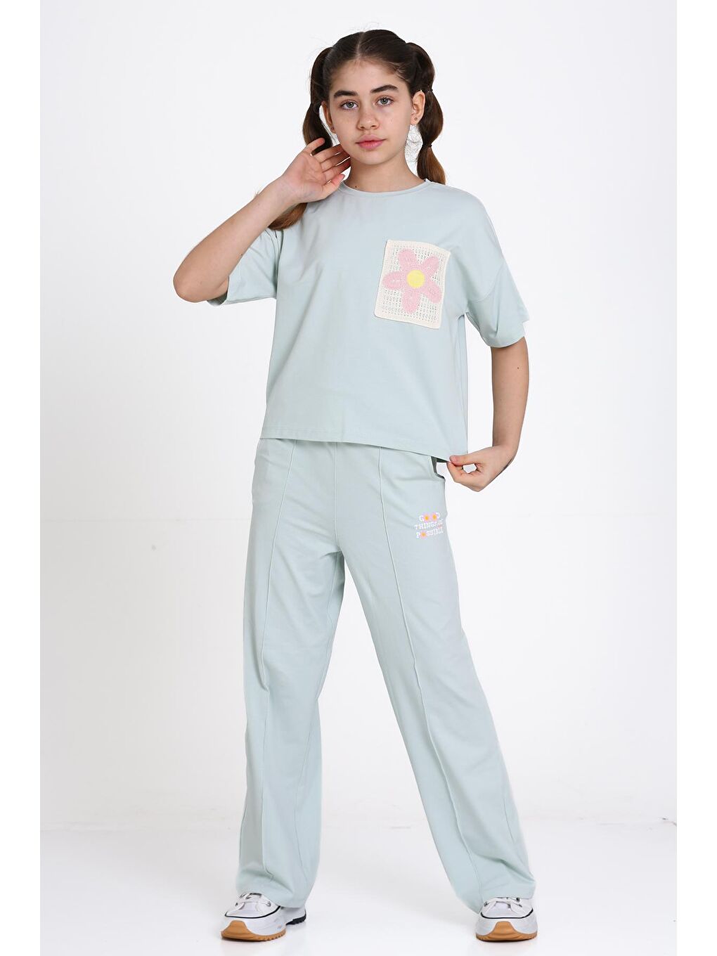 Mavi Dantel Cep Detaylı 8-12 Yaş Takım - 2468-2