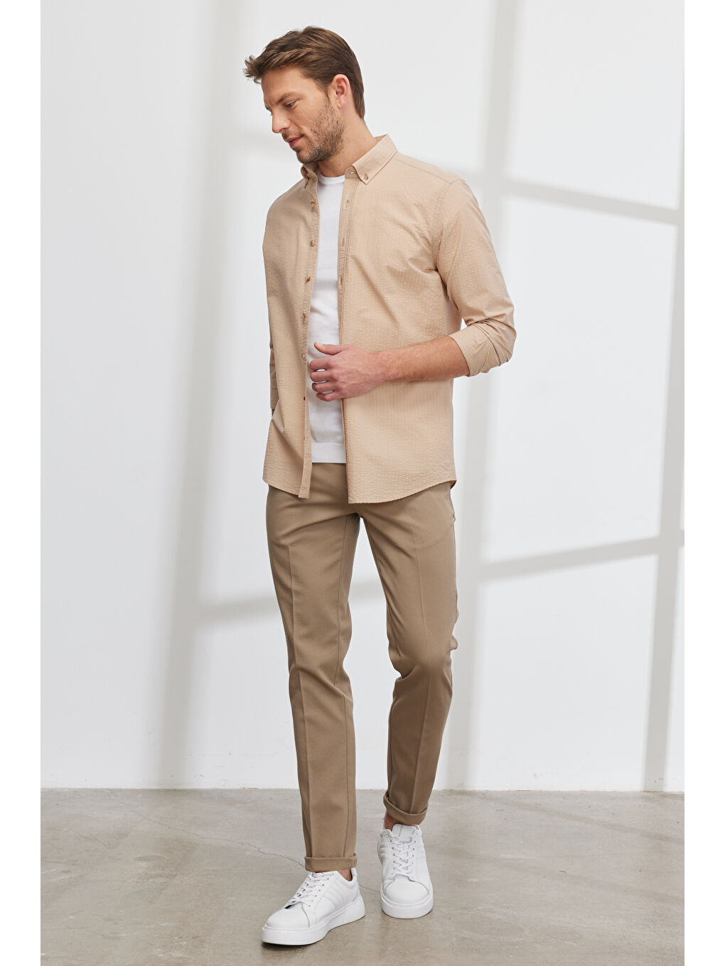Erkek Bej Slim Fit Dar Kesim Yan Cepli Pamuklu Esnek Armürlü Pantolon-2