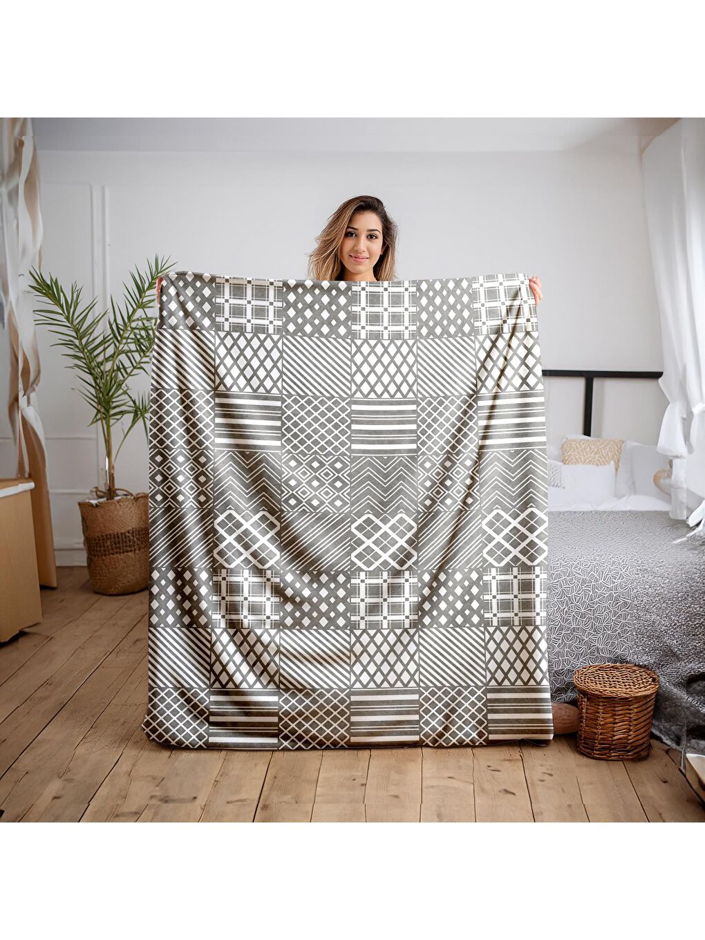 Baskılı Polar Gri Battaniye TV Battaniyesi Makinada Yıkanabilir Battaniye 80 x 100 cm-1