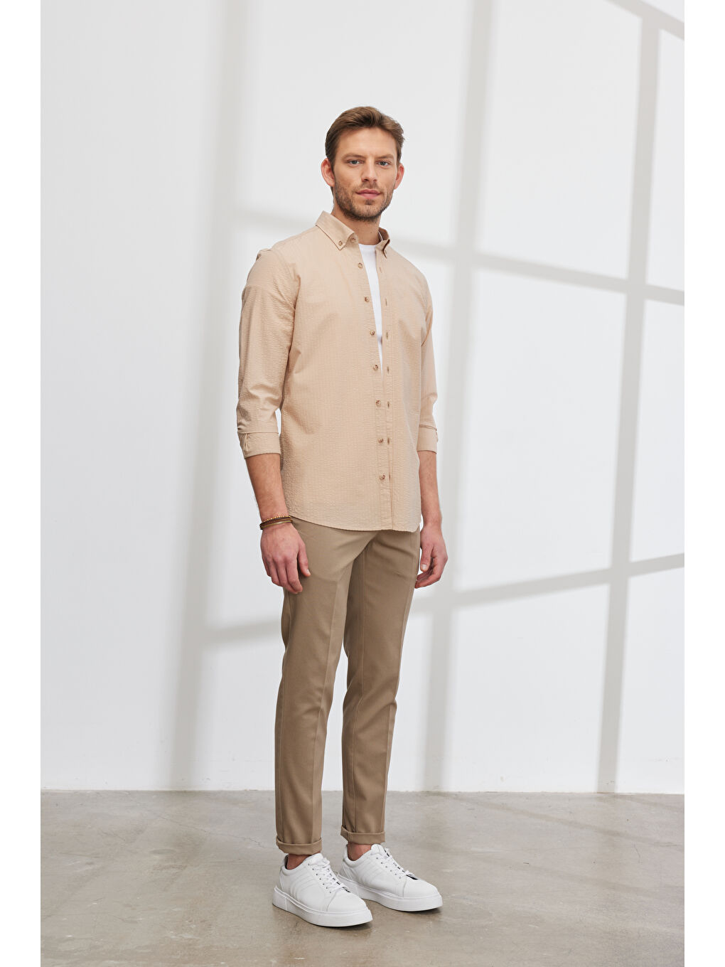 Erkek Bej Slim Fit Dar Kesim Yan Cepli Pamuklu Esnek Armürlü Pantolon-3