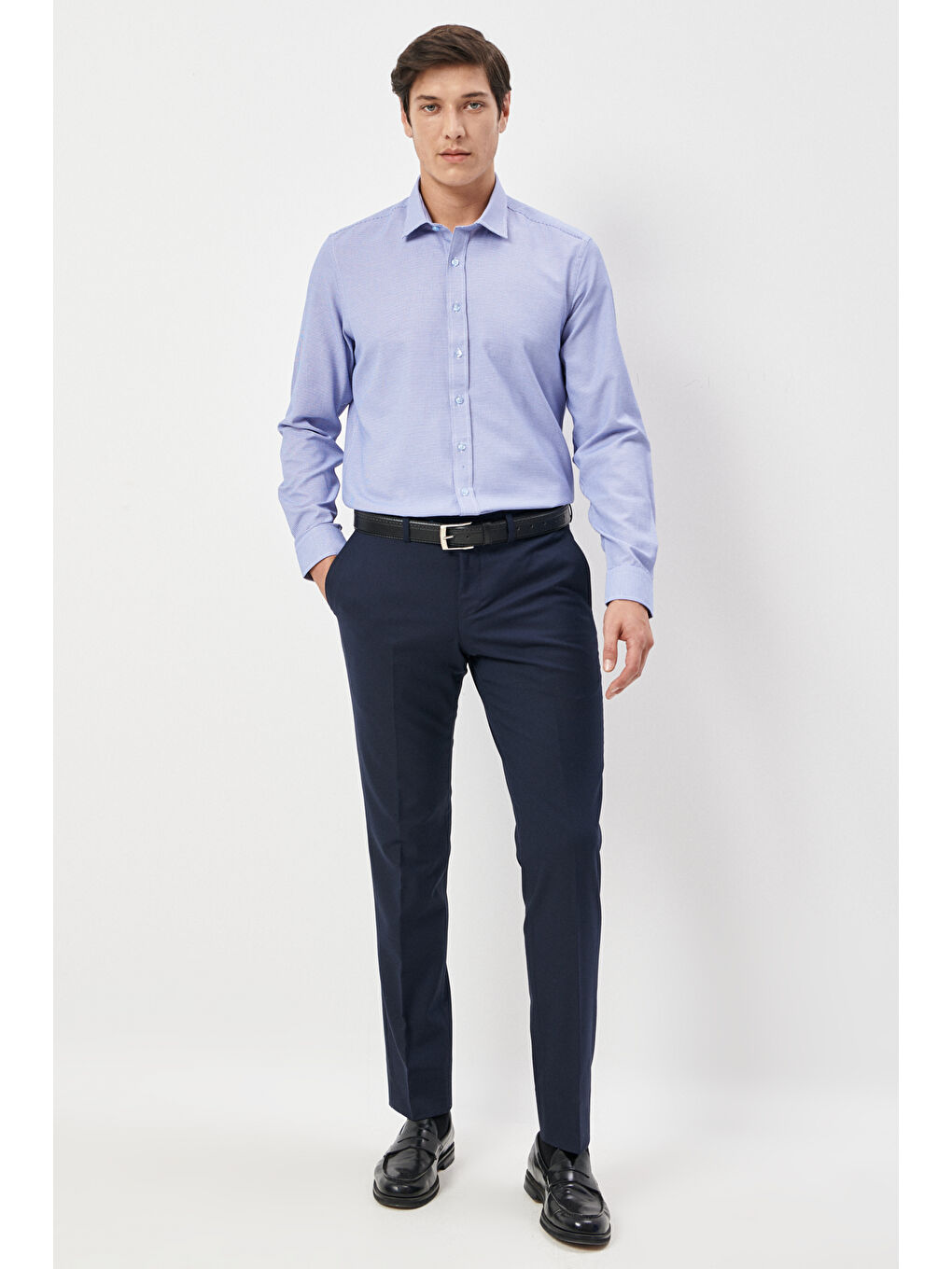 Erkek Mavi-Beyaz Slim Fit Dar Kesim Klasik Yaka Armürlü Gömlek-1