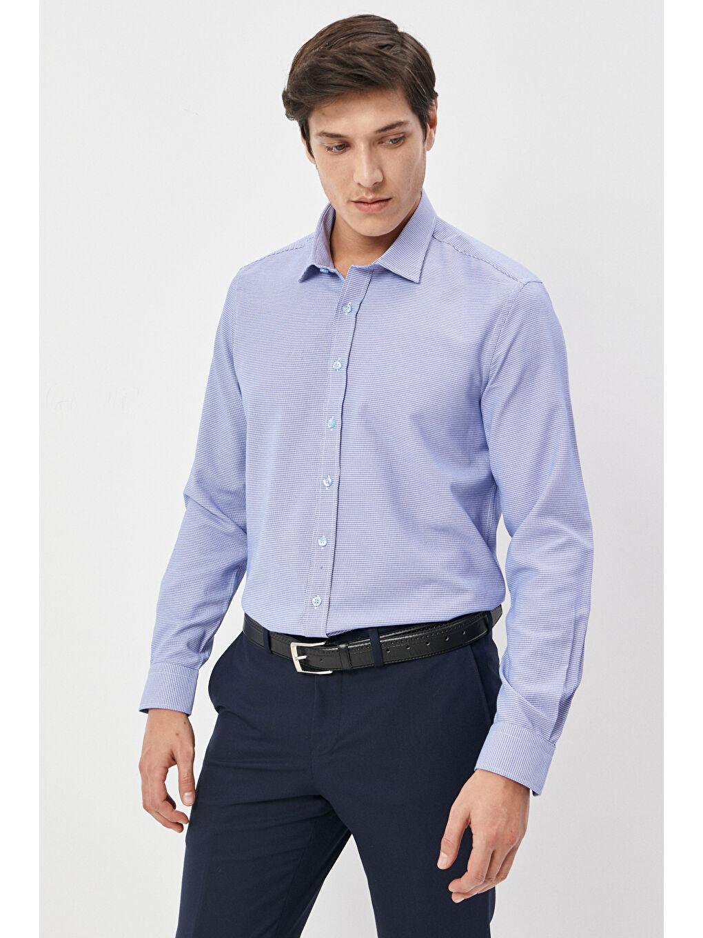 Erkek Mavi-Beyaz Slim Fit Dar Kesim Klasik Yaka Armürlü Gömlek-2