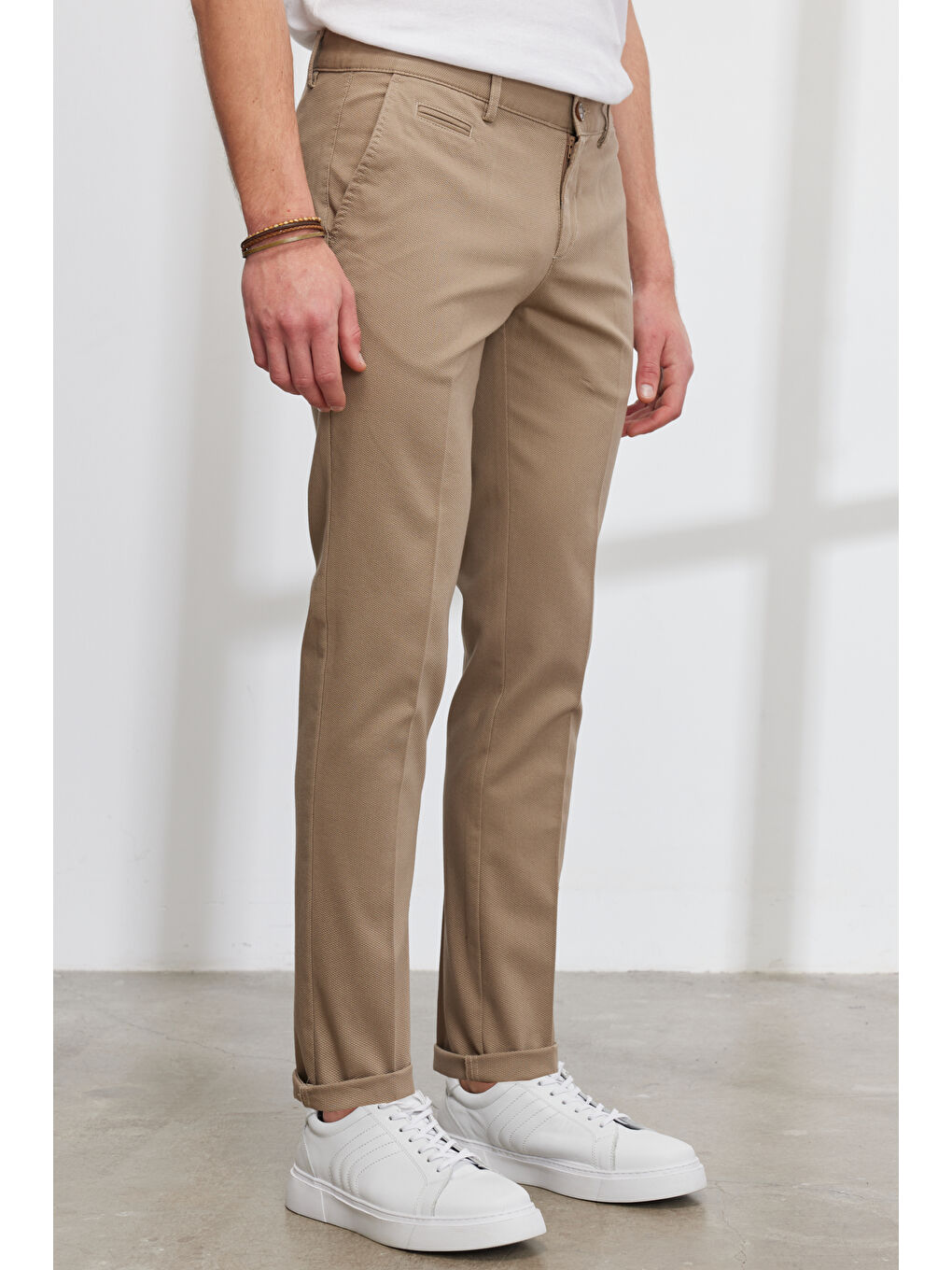 Erkek Bej Slim Fit Dar Kesim Yan Cepli Pamuklu Esnek Armürlü Pantolon-4