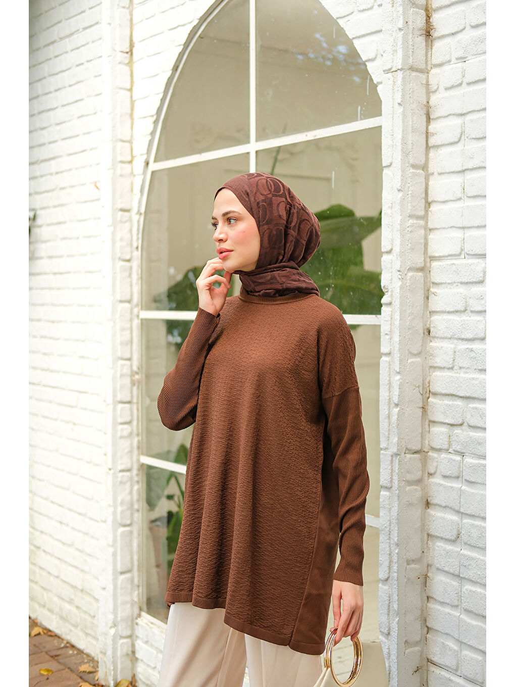 Kadın Kendinden Desenli Tunik Kahverengi-3