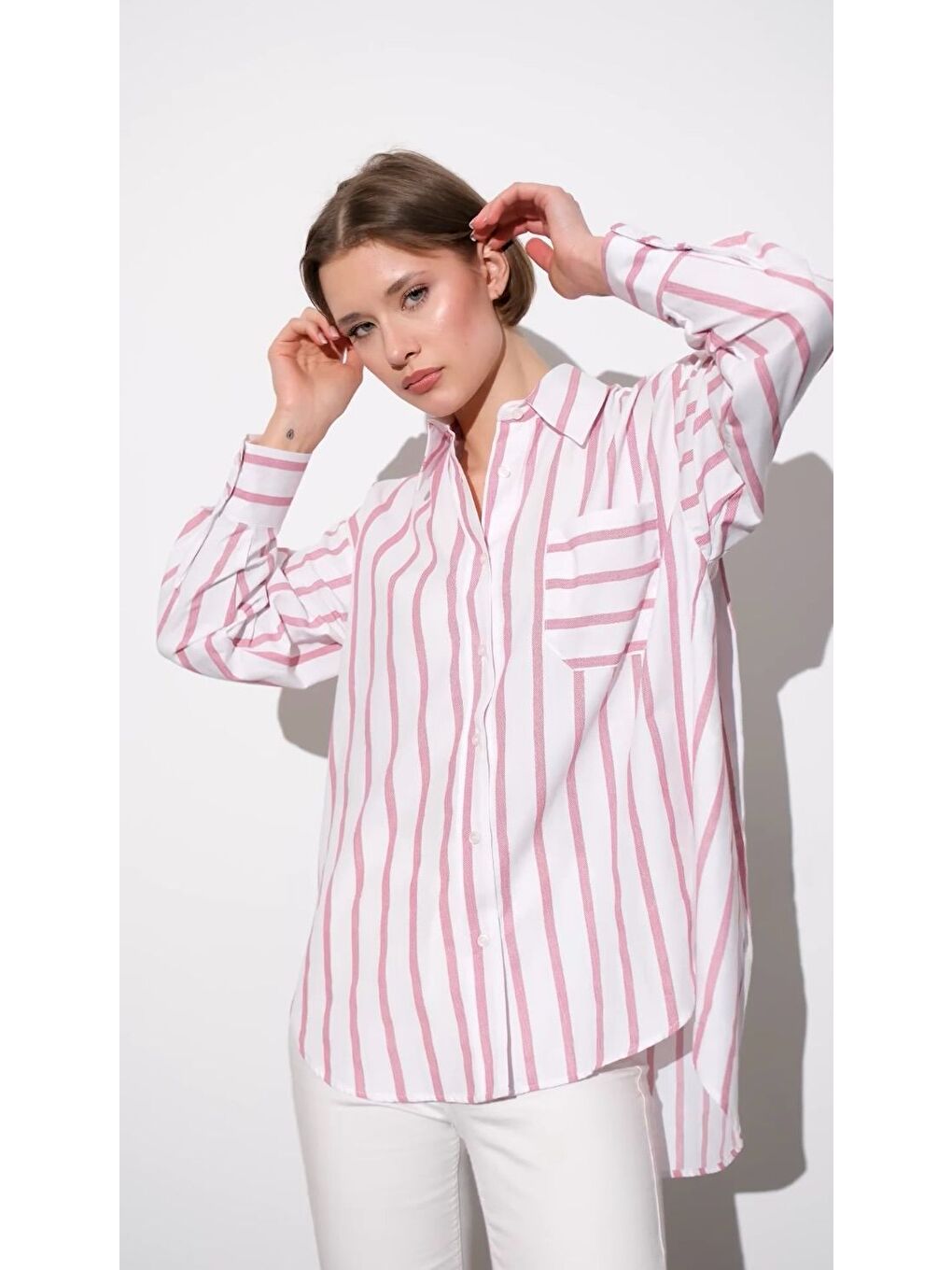 Bordo Çizgili Boyfriend Oversize Poplin Kadın Gömlek-1