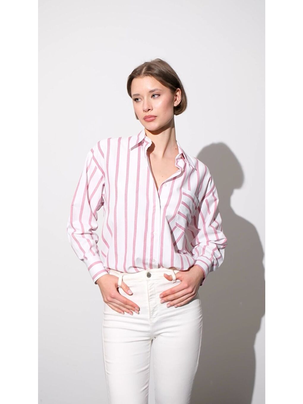 Bordo Çizgili Boyfriend Oversize Poplin Kadın Gömlek-2