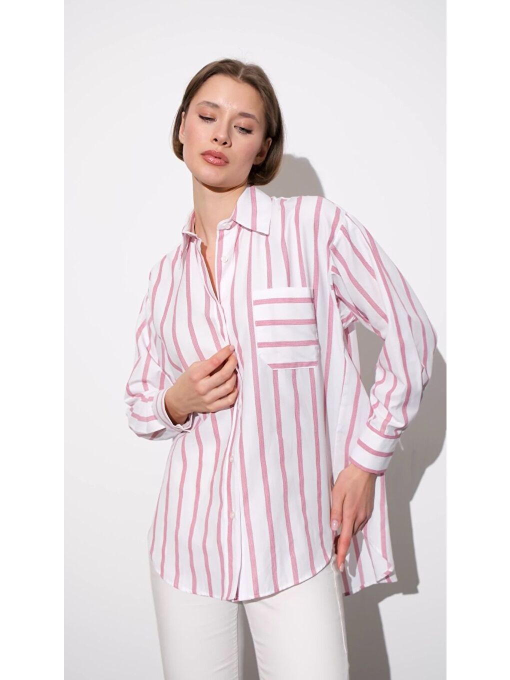 Bordo Çizgili Boyfriend Oversize Poplin Kadın Gömlek-3