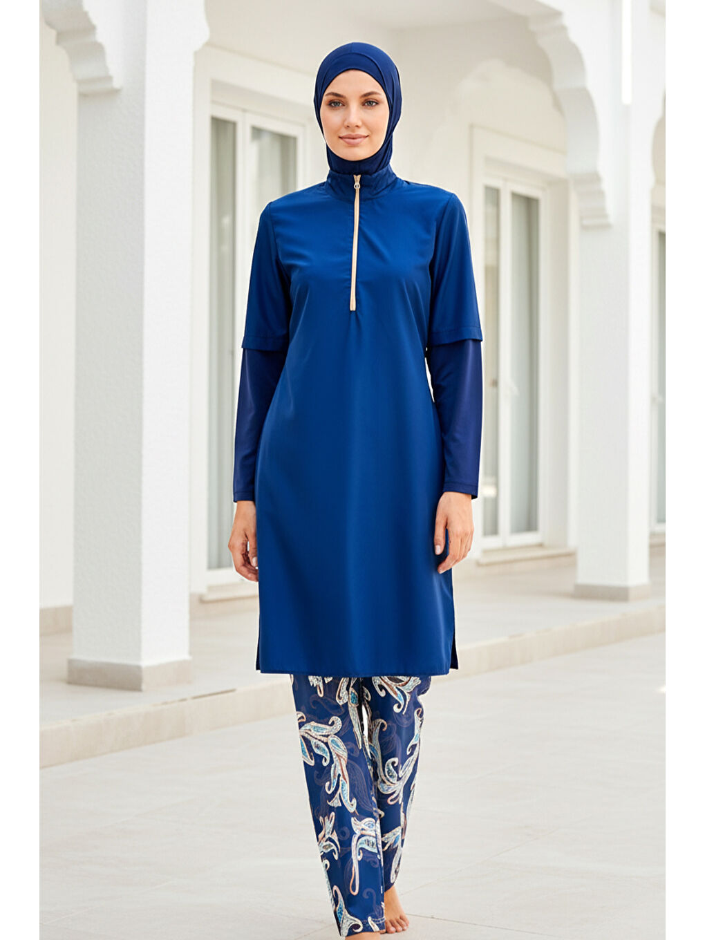 Tesettür Mayo 4’lü Tam Kapalı Yaprak Desenli Lacivert M2260-3