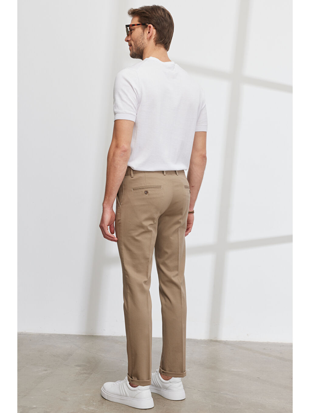 Erkek Bej Slim Fit Dar Kesim Yan Cepli Pamuklu Esnek Armürlü Pantolon-6