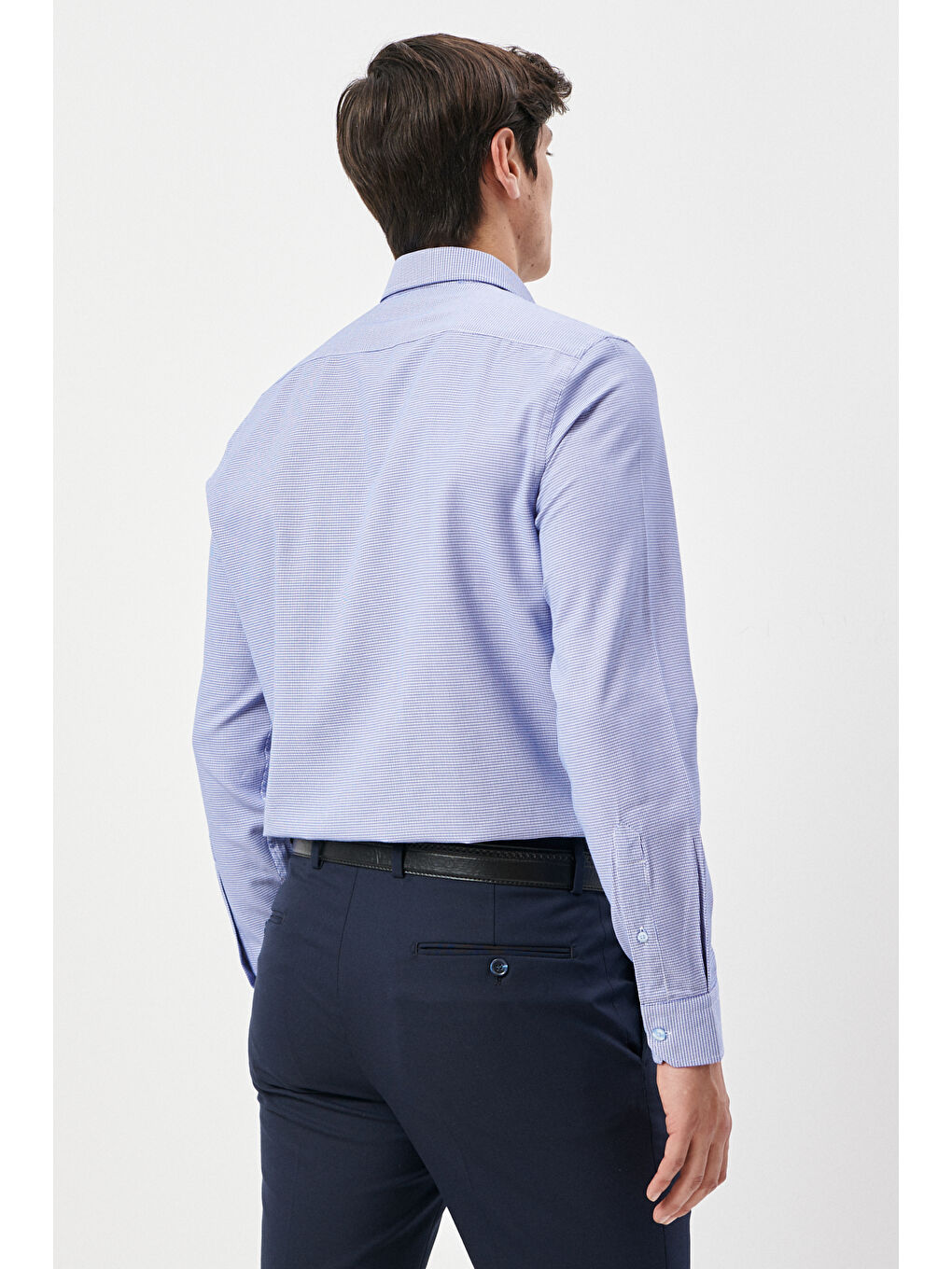 Erkek Mavi-Beyaz Slim Fit Dar Kesim Klasik Yaka Armürlü Gömlek-4
