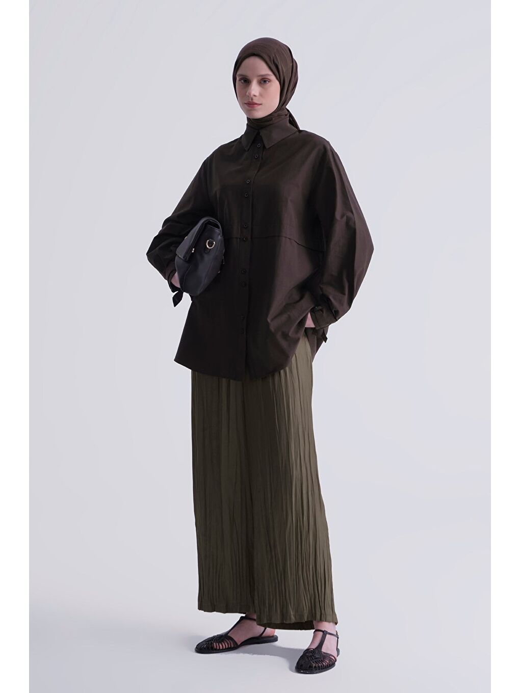 Kırışık Efektli Pantolon Yağ Yeşili-1