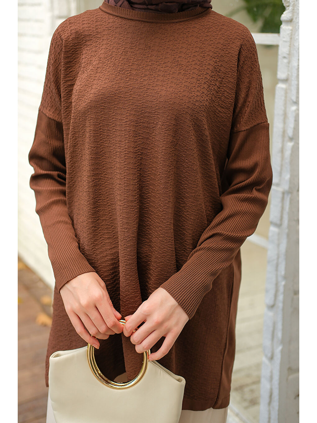 Kadın Kendinden Desenli Tunik Kahverengi-4