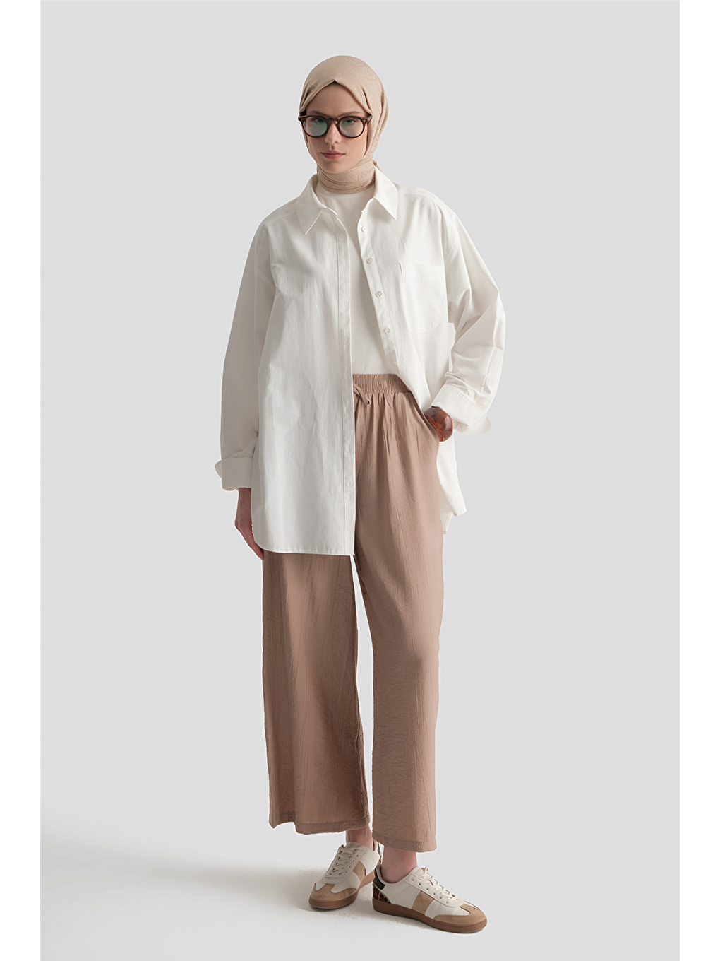 Bej Beli Lastikli Palazzo Pantolon Vizon