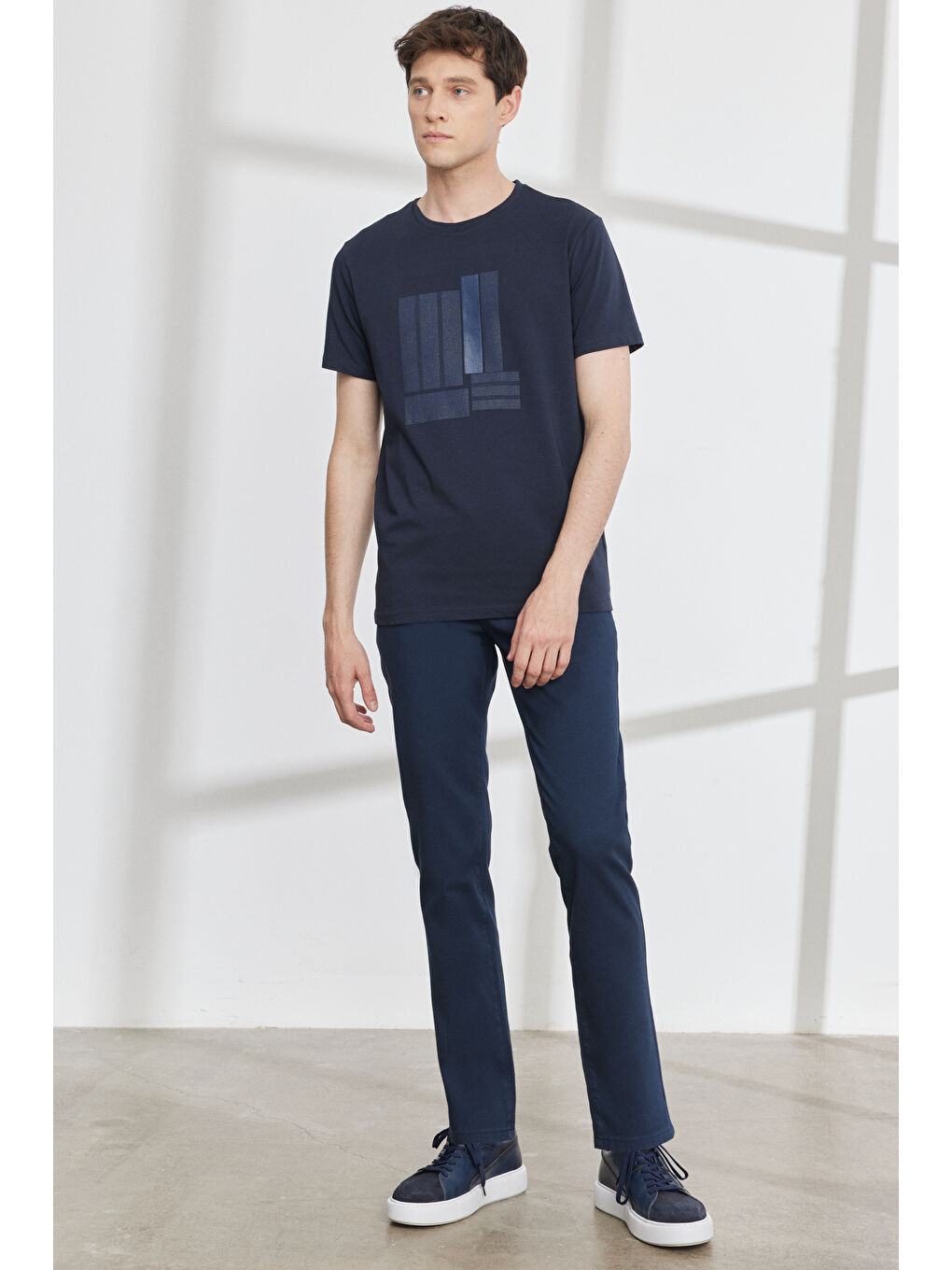 Erkek Lacivert Slim Fit Dar Kesim 5 Cep Armürlü Esnek Pantolon-3