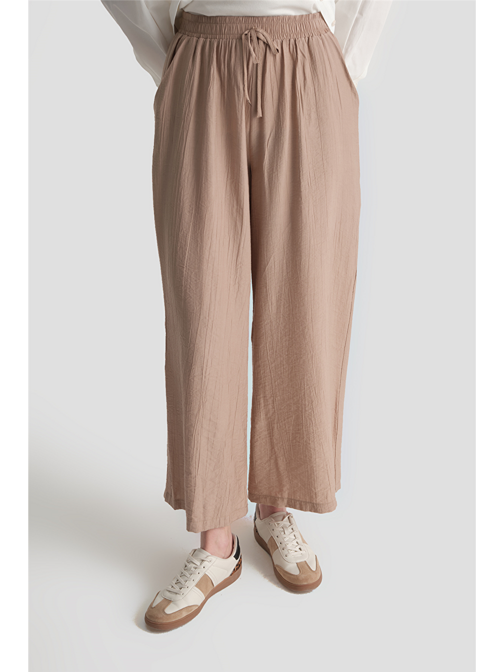 Bej Beli Lastikli Palazzo Pantolon Vizon-2