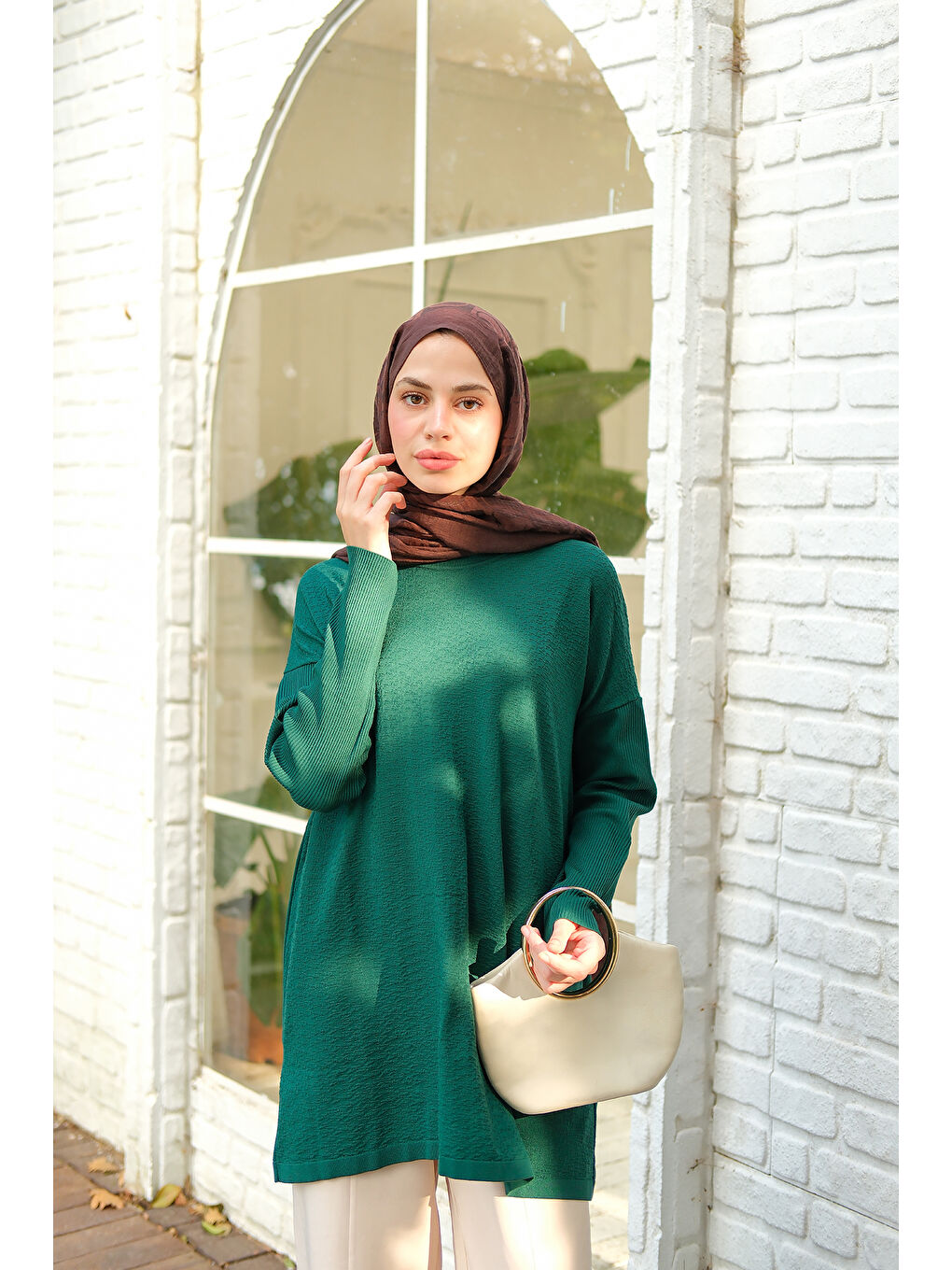 Kadın Kendinden Desenli Tunik Zümrüt Yeşil-1