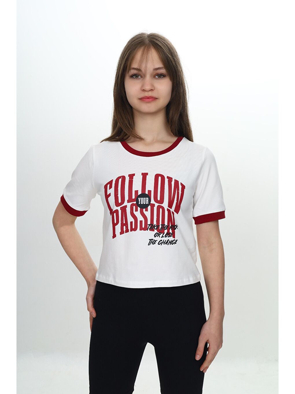 Bordo Kız Çocuk Crop Garni Baskılı Tişört