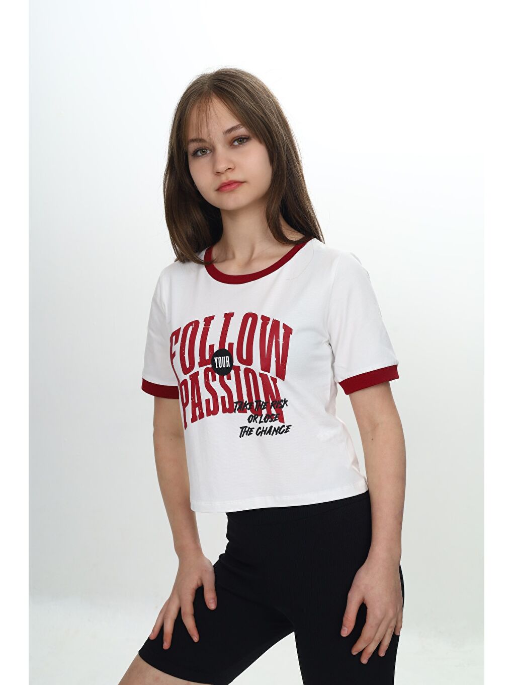 Bordo Kız Çocuk Crop Garni Baskılı Tişört-1