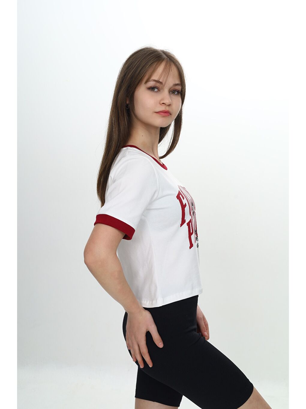 Bordo Kız Çocuk Crop Garni Baskılı Tişört-2