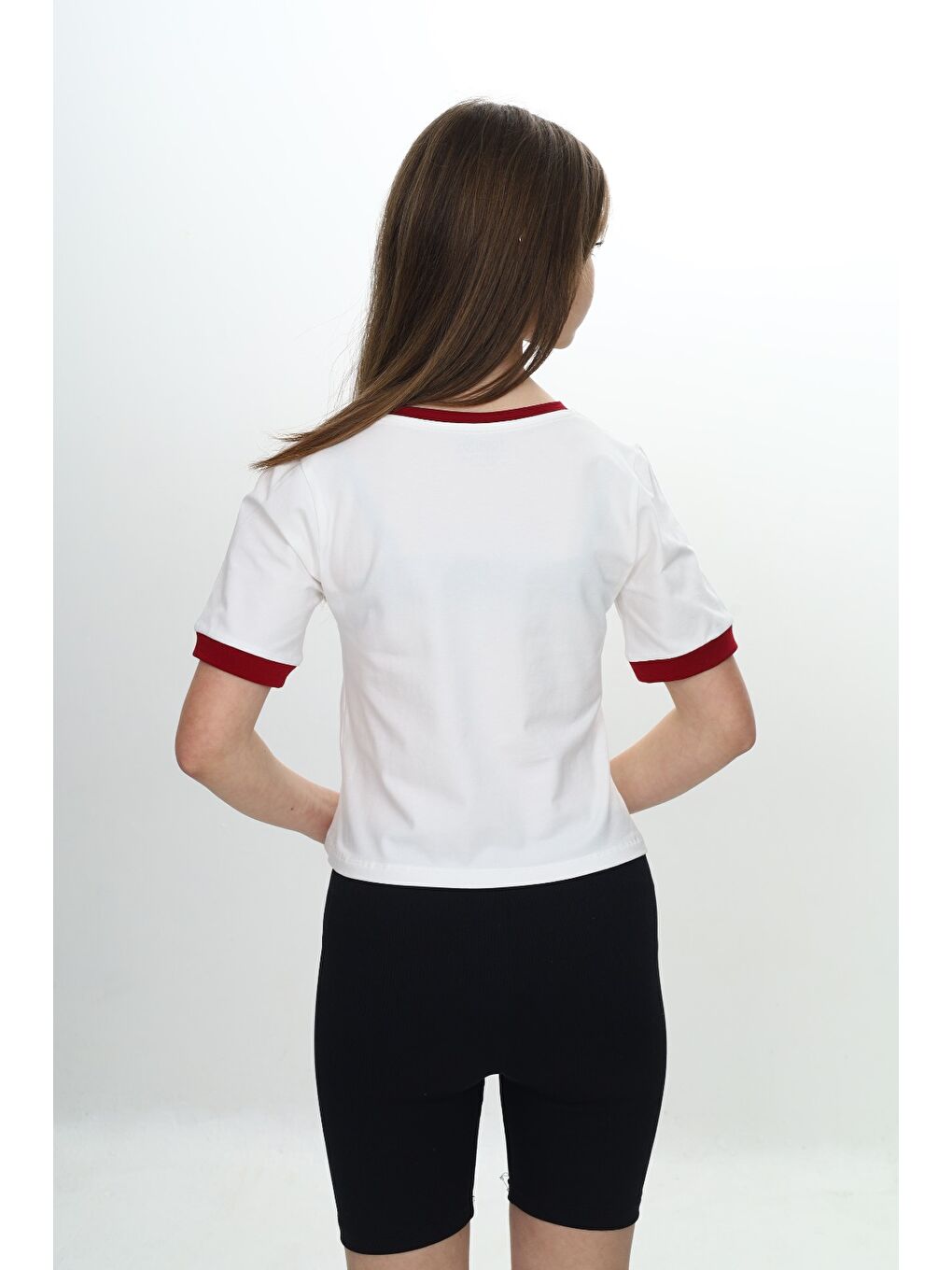 Bordo Kız Çocuk Crop Garni Baskılı Tişört-3