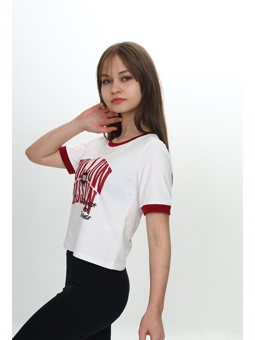 Bordo Kız Çocuk Crop Garni Baskılı Tişört-4