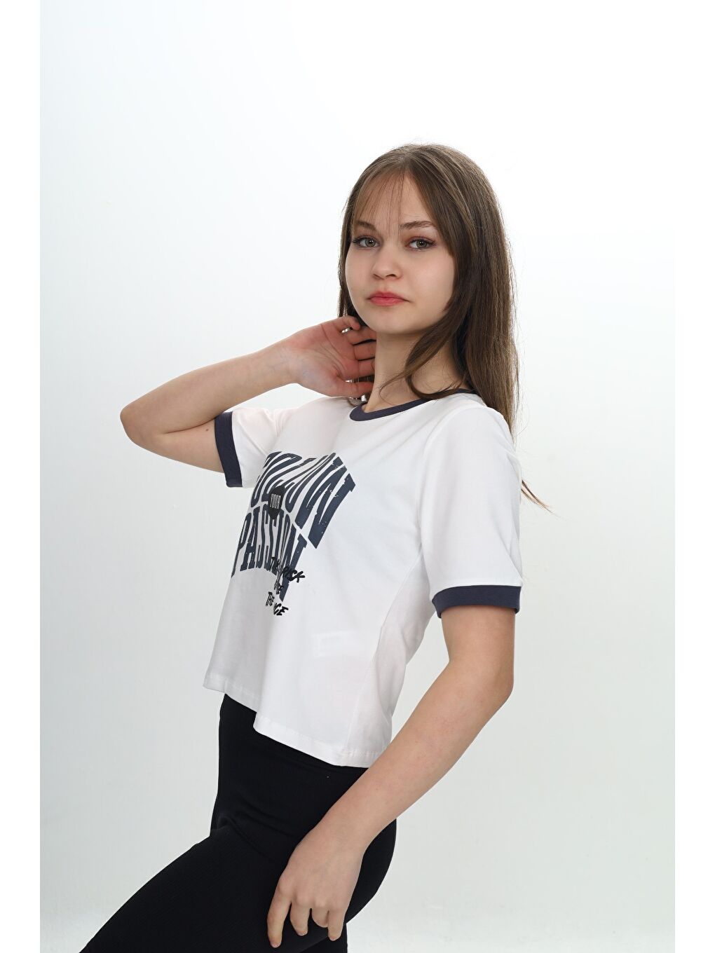 Antrasit Kız Çocuk Crop Garni Baskılı Tişört