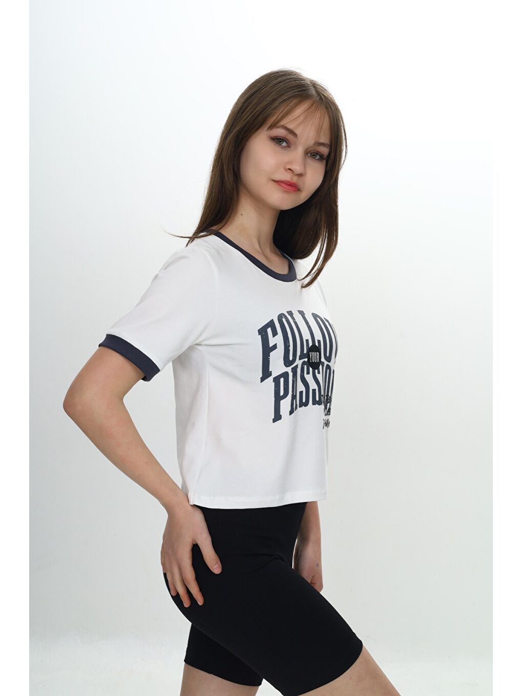 Antrasit Kız Çocuk Crop Garni Baskılı Tişört-1