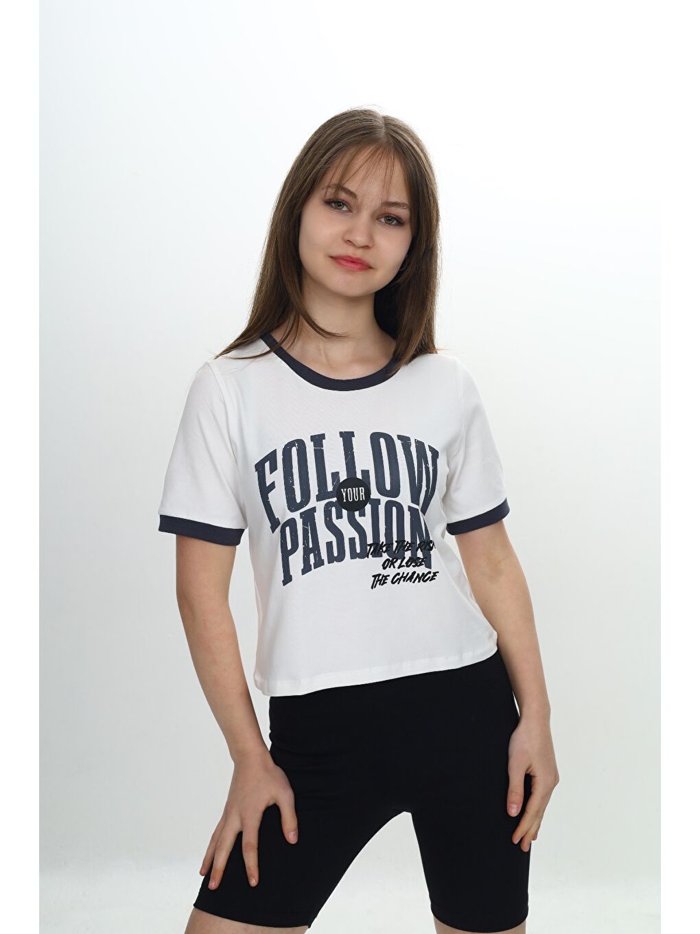 Antrasit Kız Çocuk Crop Garni Baskılı Tişört-2