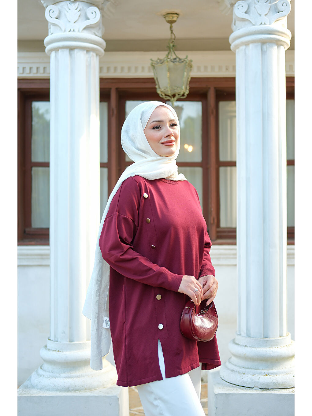 Kadın Ön Düğme Detay Tunik Bordo-1