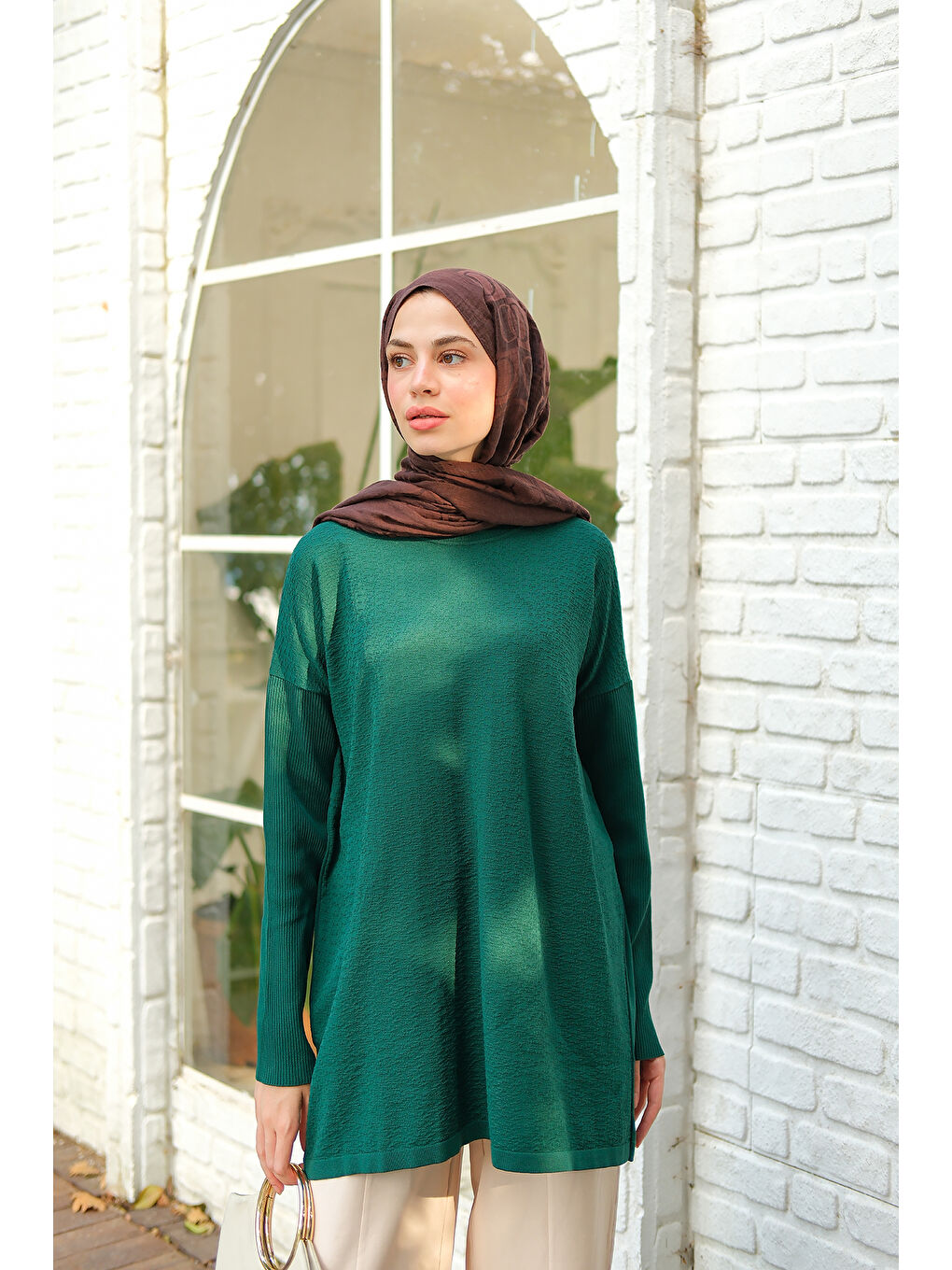 Kadın Kendinden Desenli Tunik Zümrüt Yeşil-2