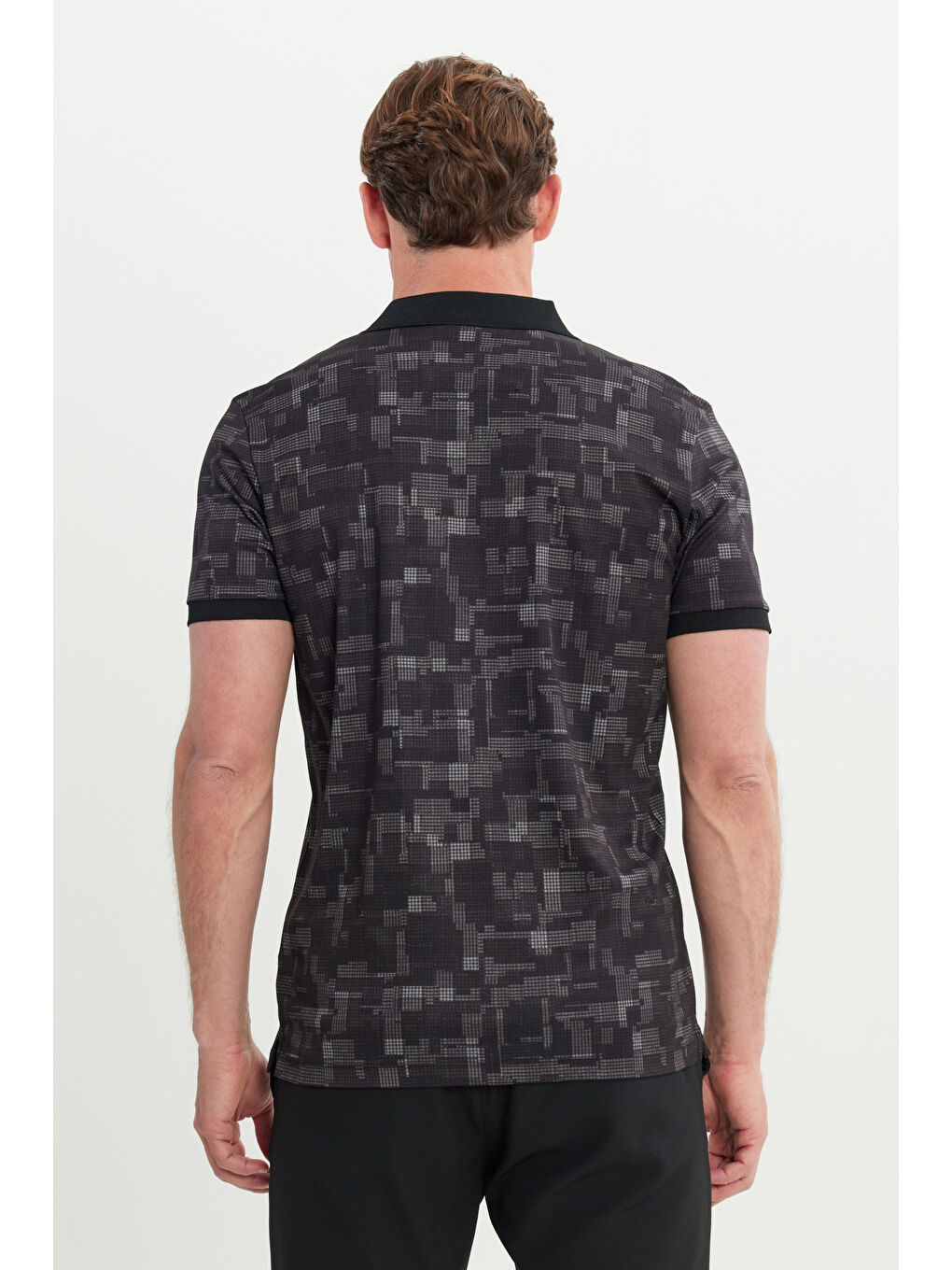 Erkek Siyah Slim Fit Dar Kesim Polo Yaka Pamuklu Baskılı Tişört-4