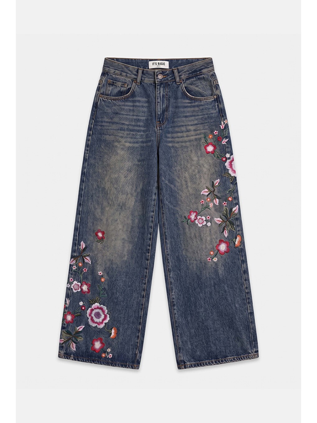 Mavi Kadın Jean Rengi 4w6-85 Palazzo Fit Renkli Nakış Özel Tasarım Denim Jean