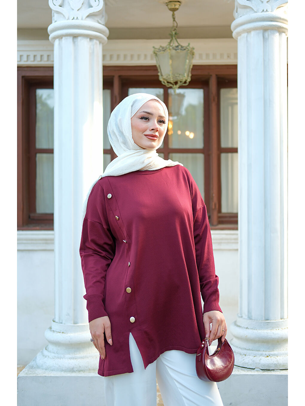 Kadın Ön Düğme Detay Tunik Bordo-2