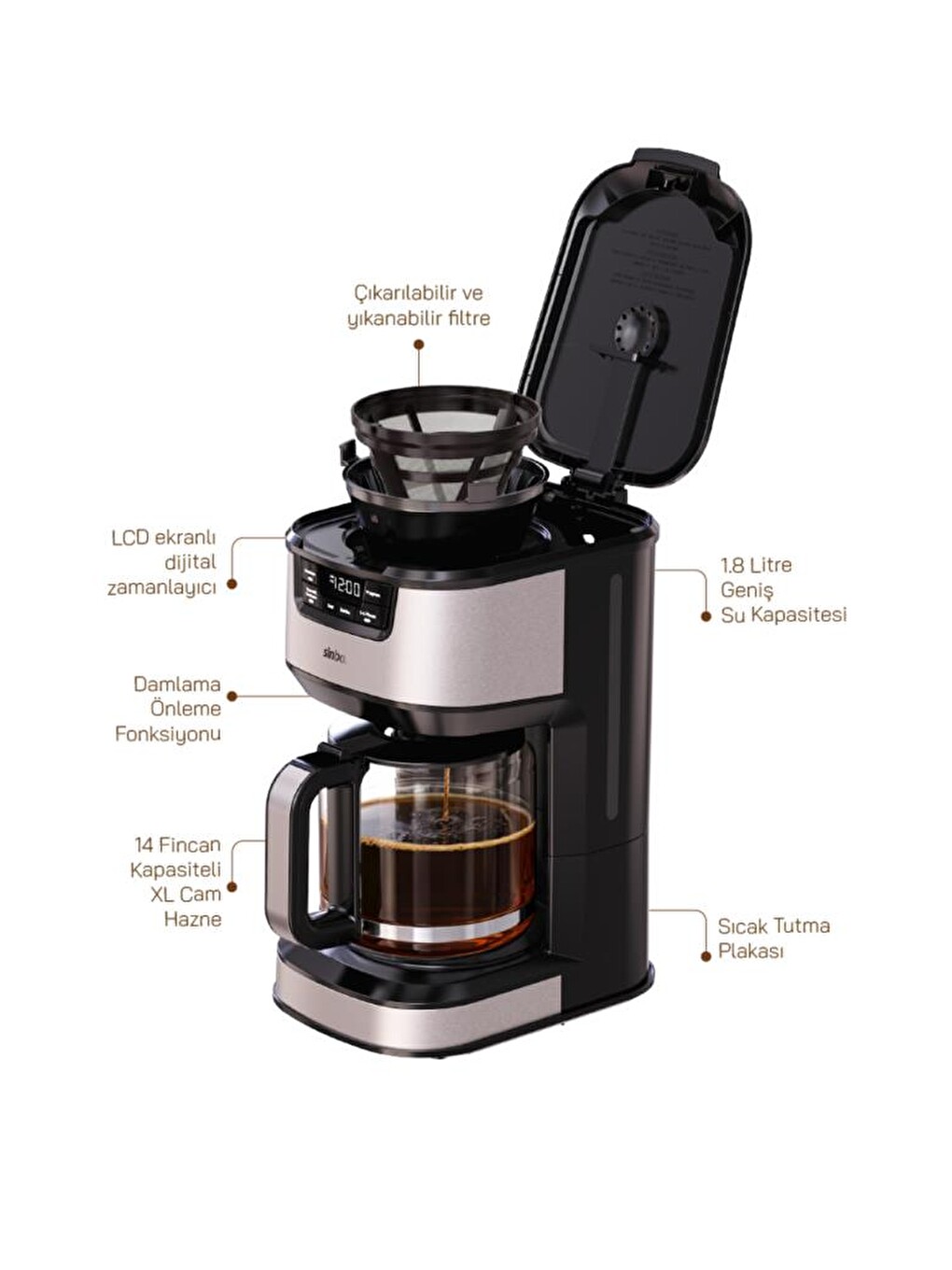 Scm-9040 Gümüş Otomatik Zaman Ayarlı Xl 14 Fincan Filtre Kahve Makinesi Dijital Göstergeli-8