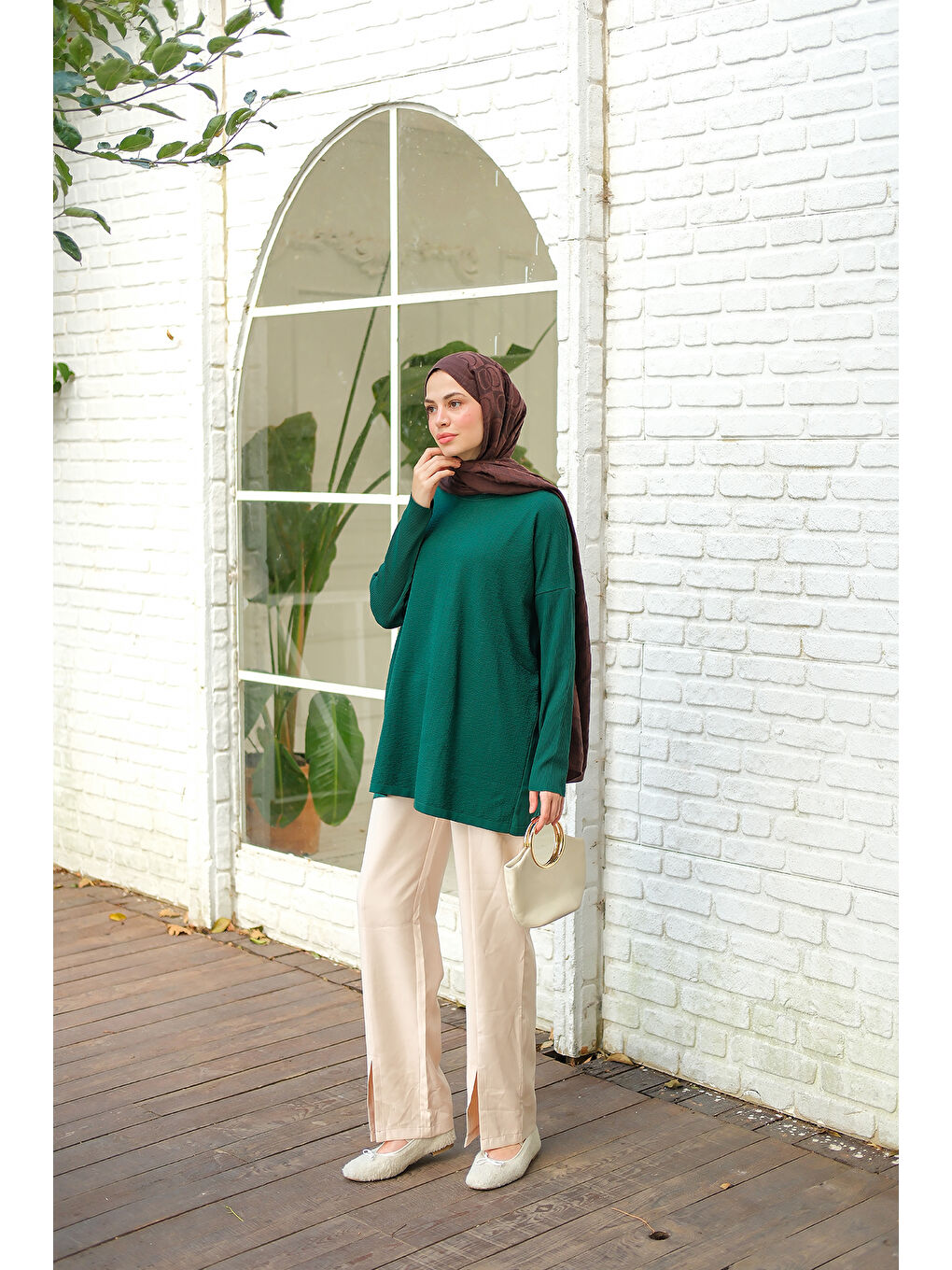 Kadın Kendinden Desenli Tunik Zümrüt Yeşil-3