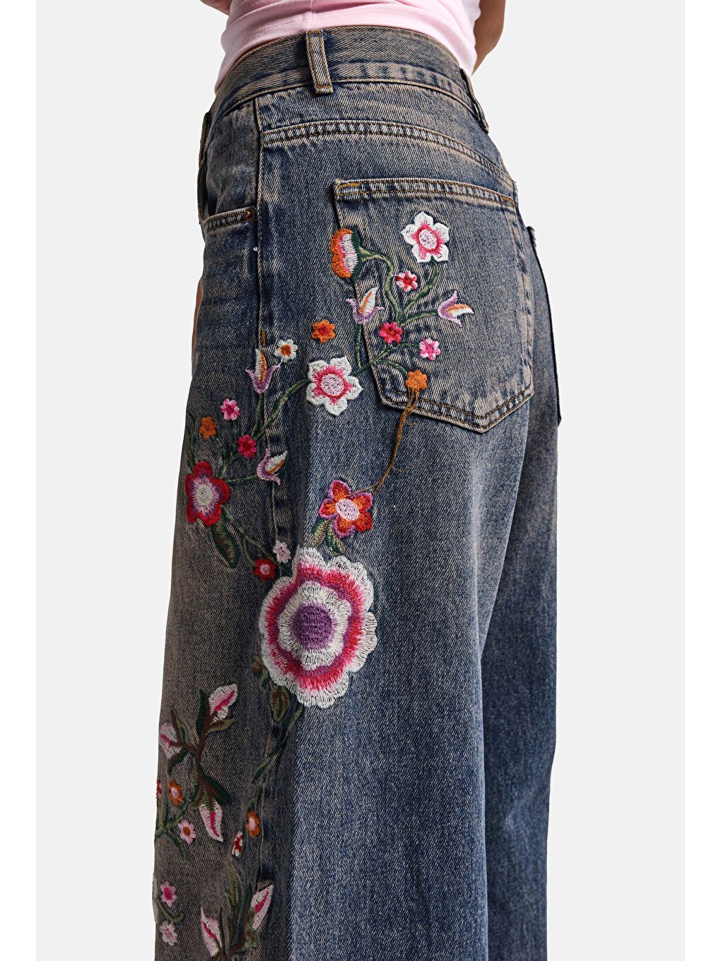Mavi Kadın Jean Rengi 4w6-85 Palazzo Fit Renkli Nakış Özel Tasarım Denim Jean-1