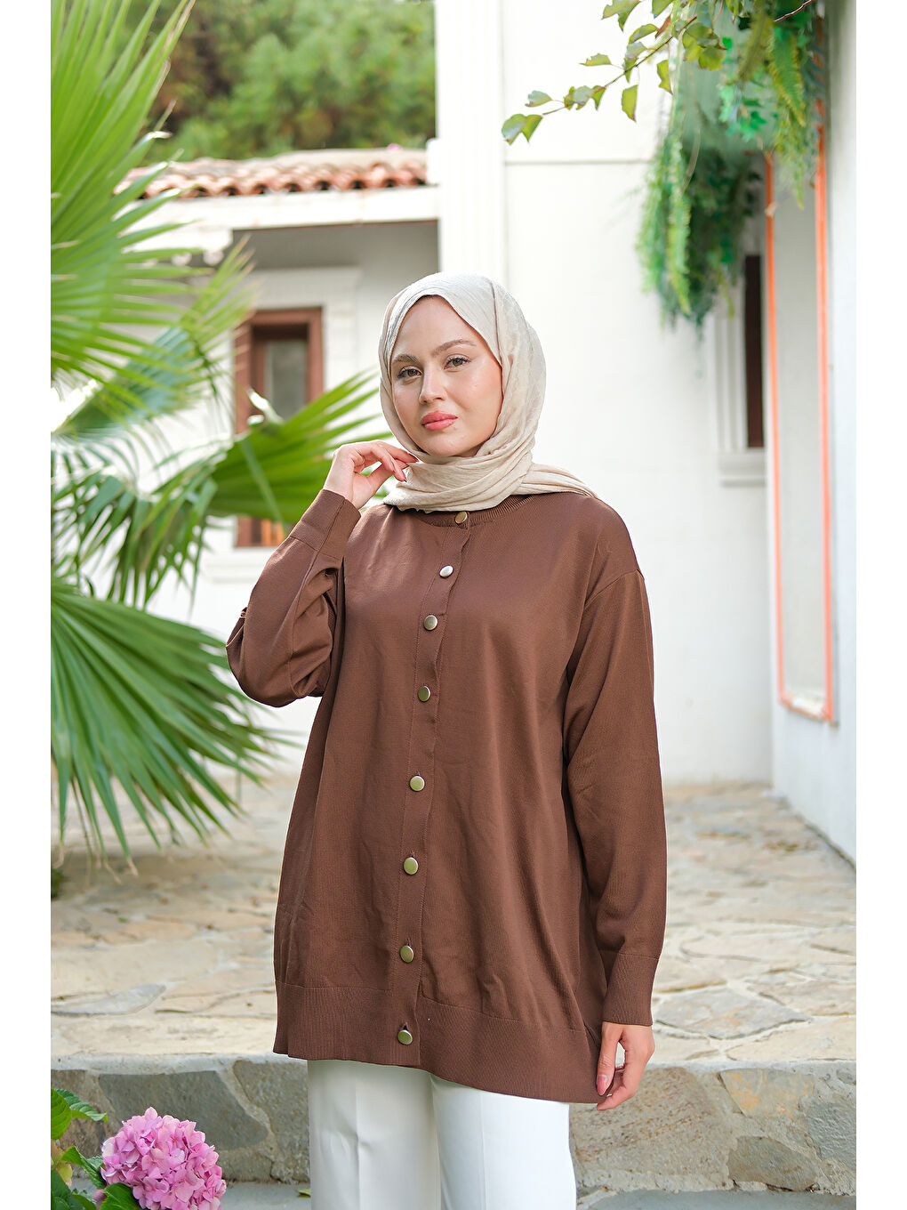 Kadın Ön Düğmeli Hırka Kahverengi-1